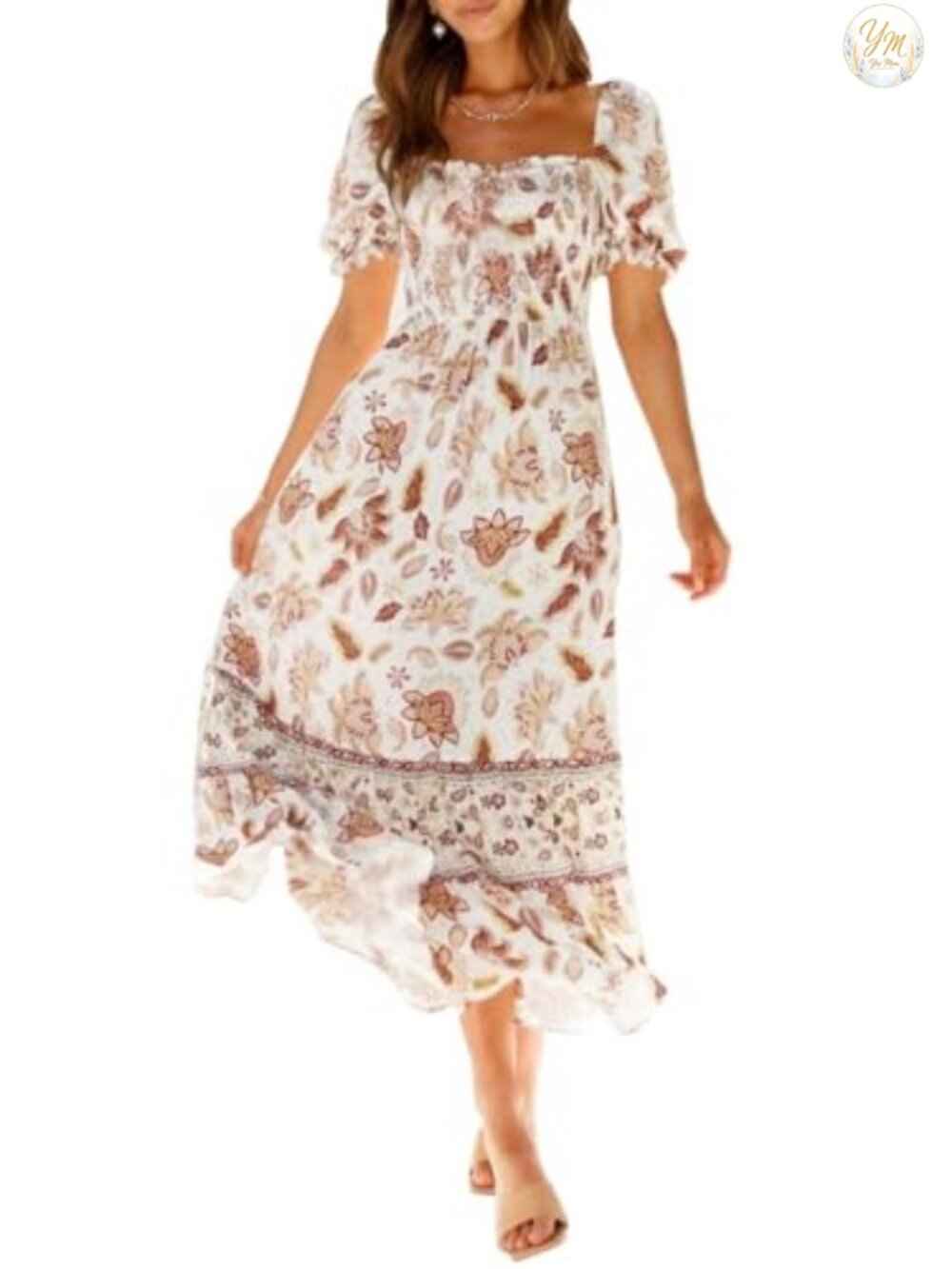 Boho Floral Ruffle Maxi Dress Square Neck Short Sleeve A-Line